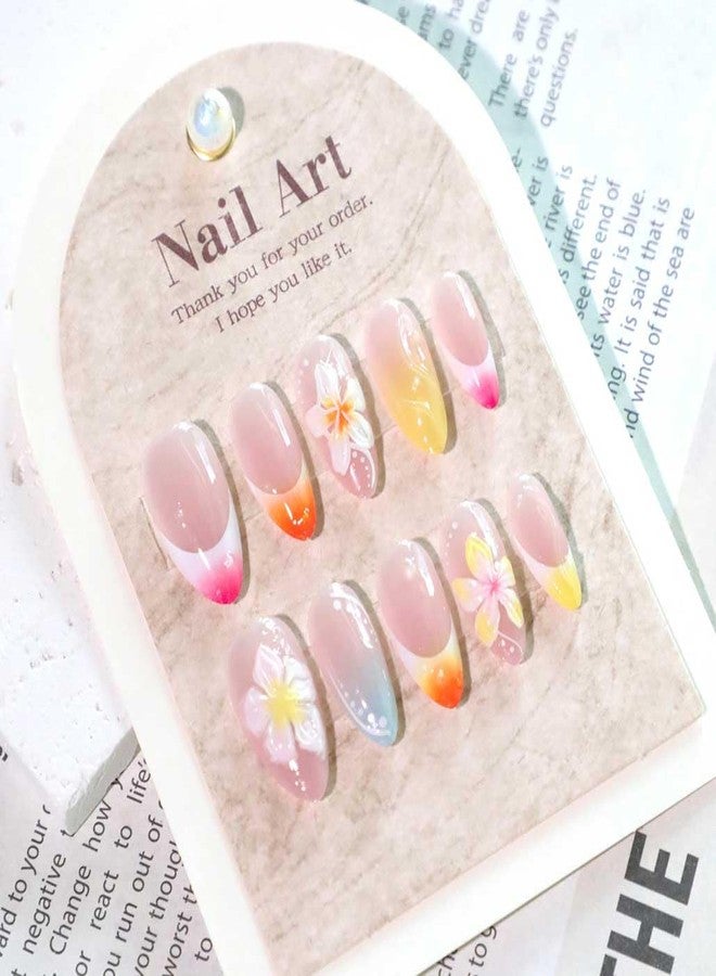 Foccna Press on Nails French Medium, Coloful Fake Nails Almond Acrylic False Nails 3D Flower Design,Artificial Glue on Nails for Women 24pcs - Image 3